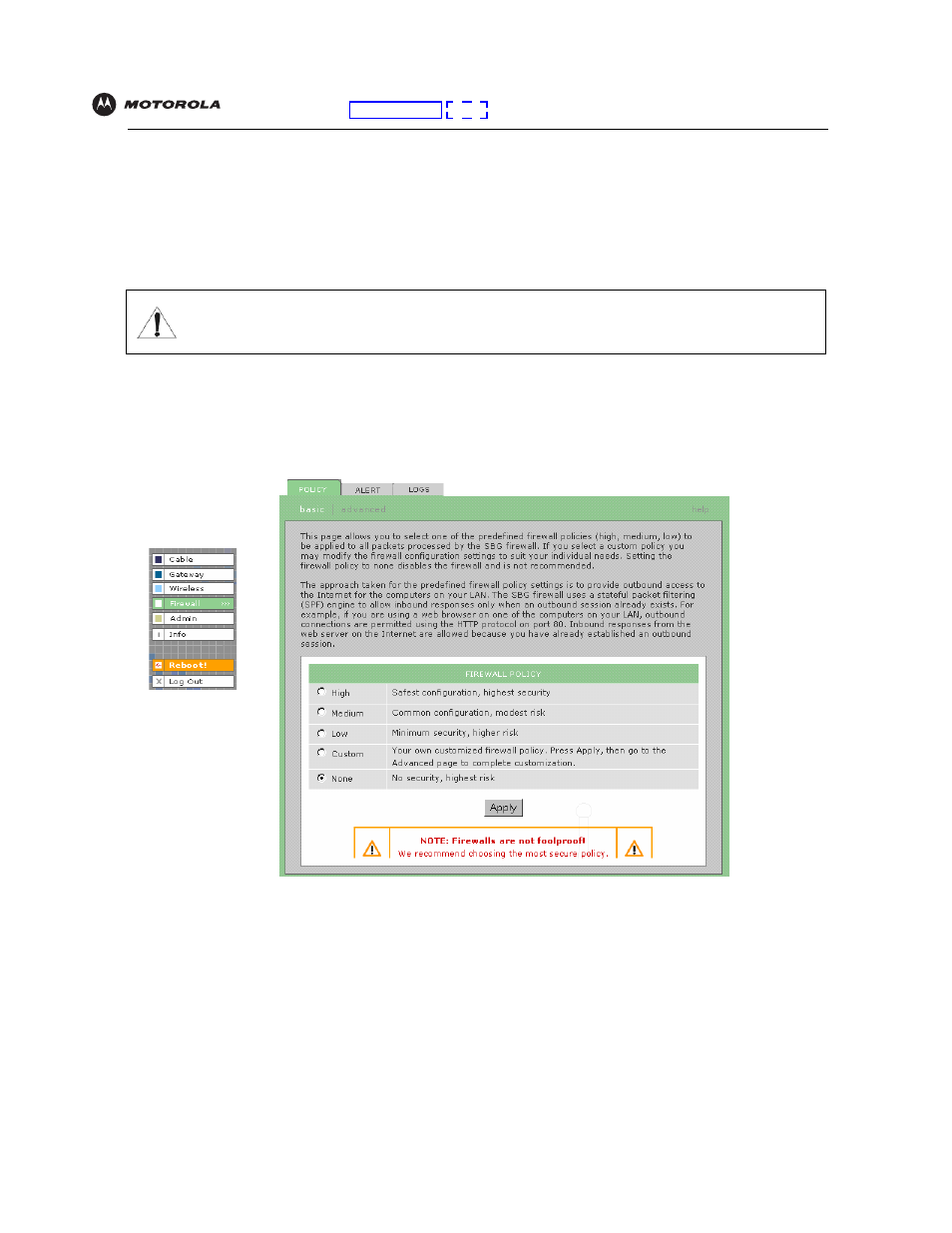 Setting the firewall policy, Te, see, Setting the | Firewall policy, Caution | Motorola SBG940 User Manual | Page 39 / 141