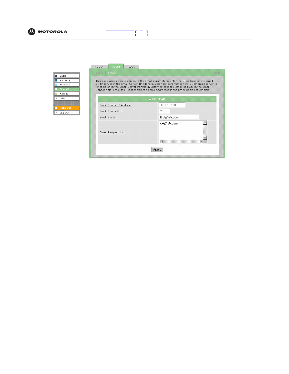 Firewall > alert — email page | Motorola SBG940 User Manual | Page 44 / 141