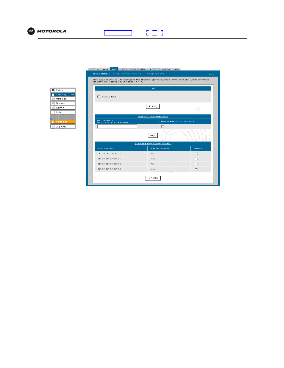 Gateway > lan — nat config page | Motorola SBG940 User Manual | Page 52 / 141