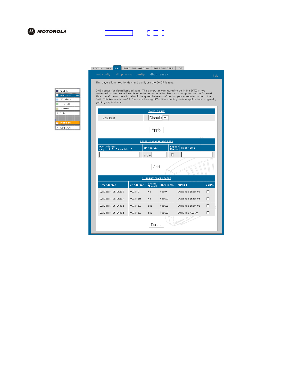 Gateway > lan — dhcp leases page | Motorola SBG940 User Manual | Page 54 / 141