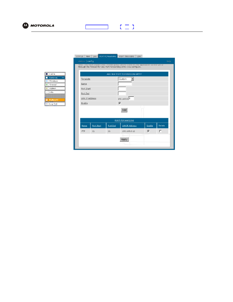 Gateway > port forwarding — config page | Motorola SBG940 User Manual | Page 56 / 141