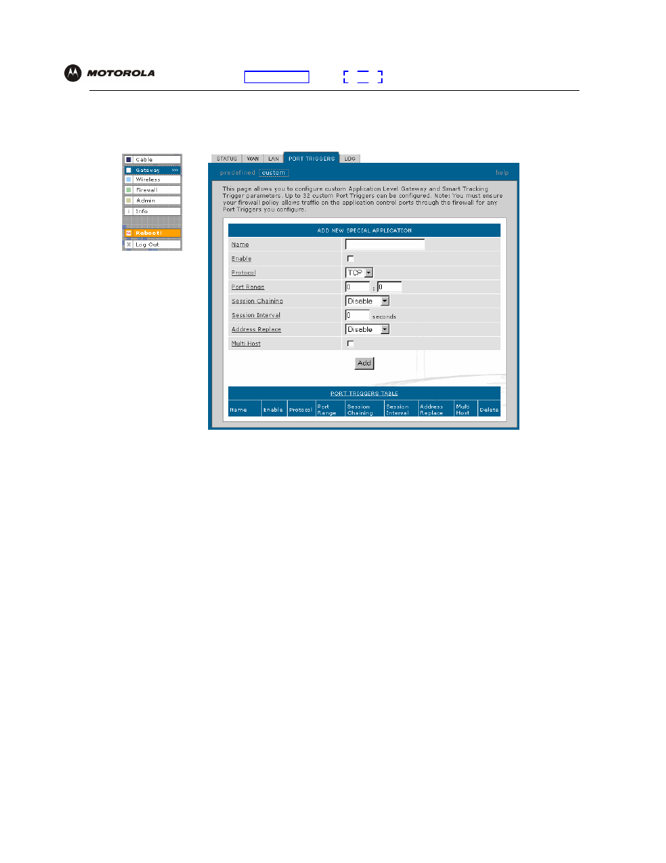 Gateway > port triggers — custom page | Motorola SBG940 User Manual | Page 59 / 141