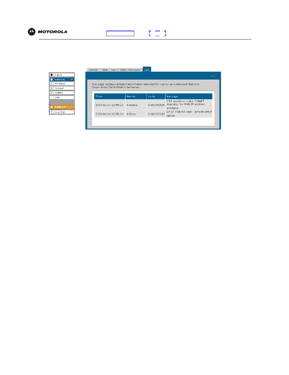 Gateway > log page | Motorola SBG940 User Manual | Page 60 / 141