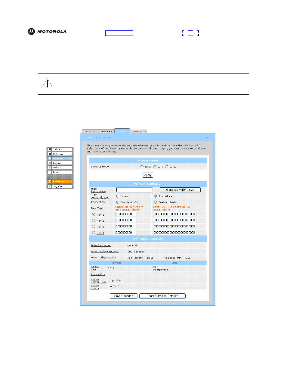 Configuring wep on the sbg940, Configuring wep on the, Sbg940 | Caution | Motorola SBG940 User Manual | Page 79 / 141