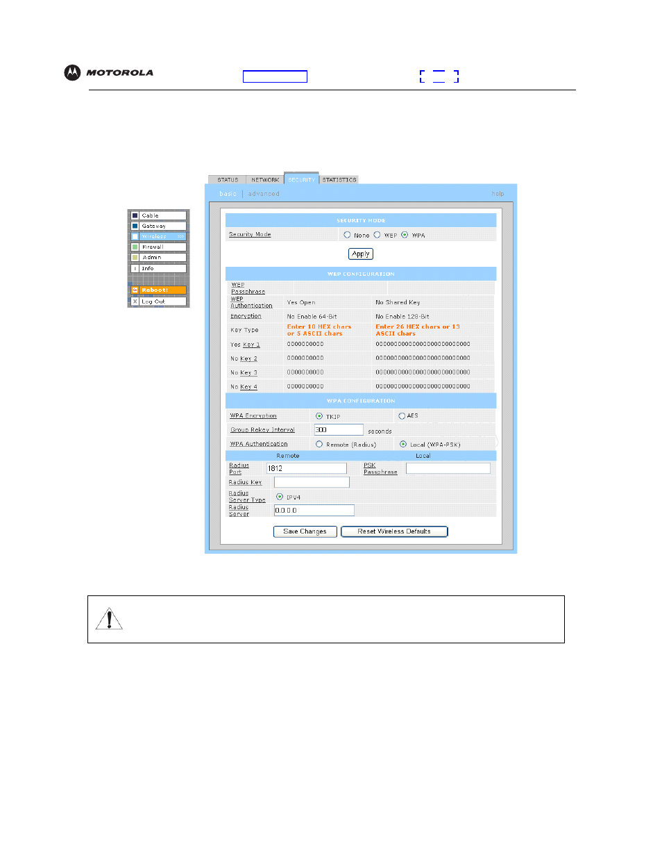 Wireless > security — basic page, Caution | Motorola SBG940 User Manual | Page 91 / 141