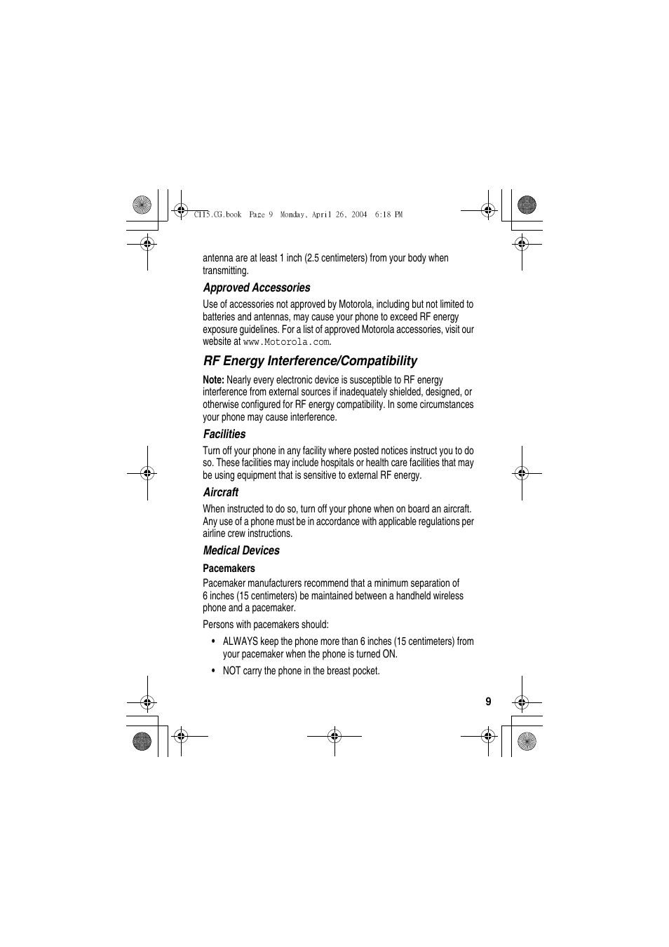 Rf energy interference/compatibility | Motorola C115 User Manual | Page 10 / 82