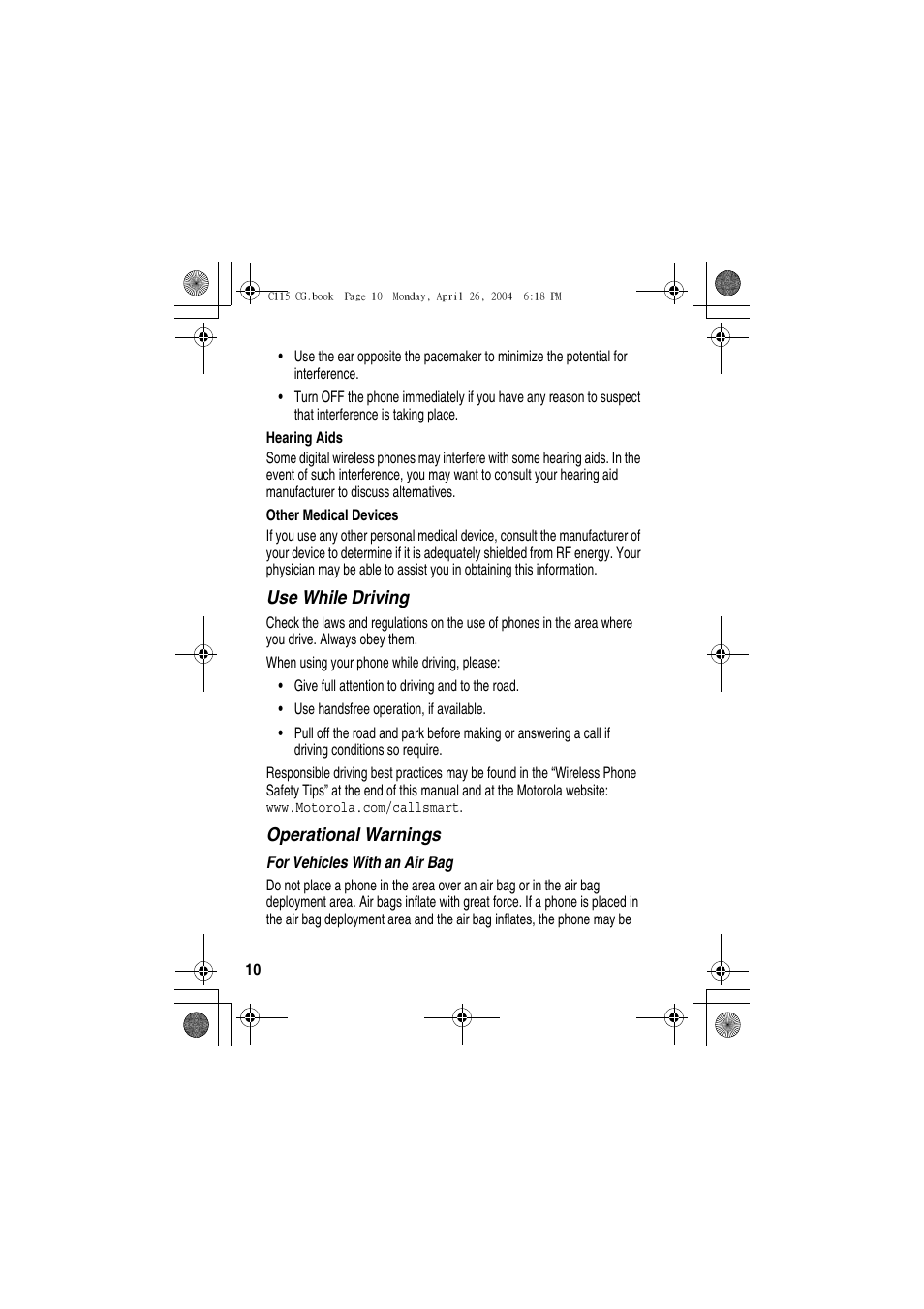 Use while driving, Operational warnings | Motorola C115 User Manual | Page 11 / 82