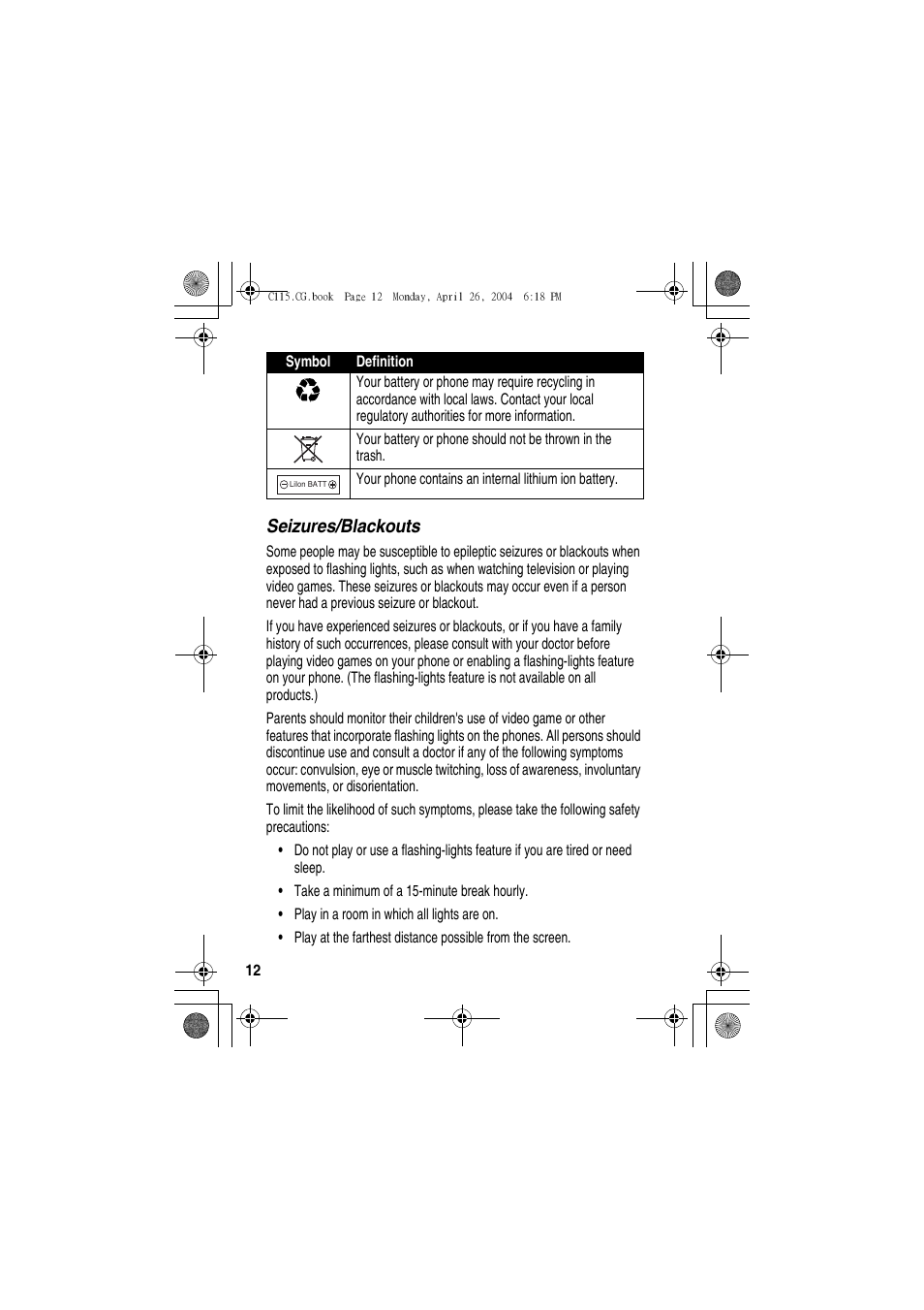 Seizures/blackouts | Motorola C115 User Manual | Page 13 / 82