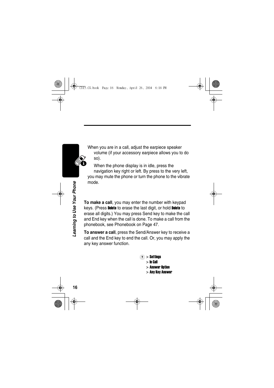 Learning to use your phone, Adjusting the volume, Making and answering calls | Motorola C115 User Manual | Page 17 / 82