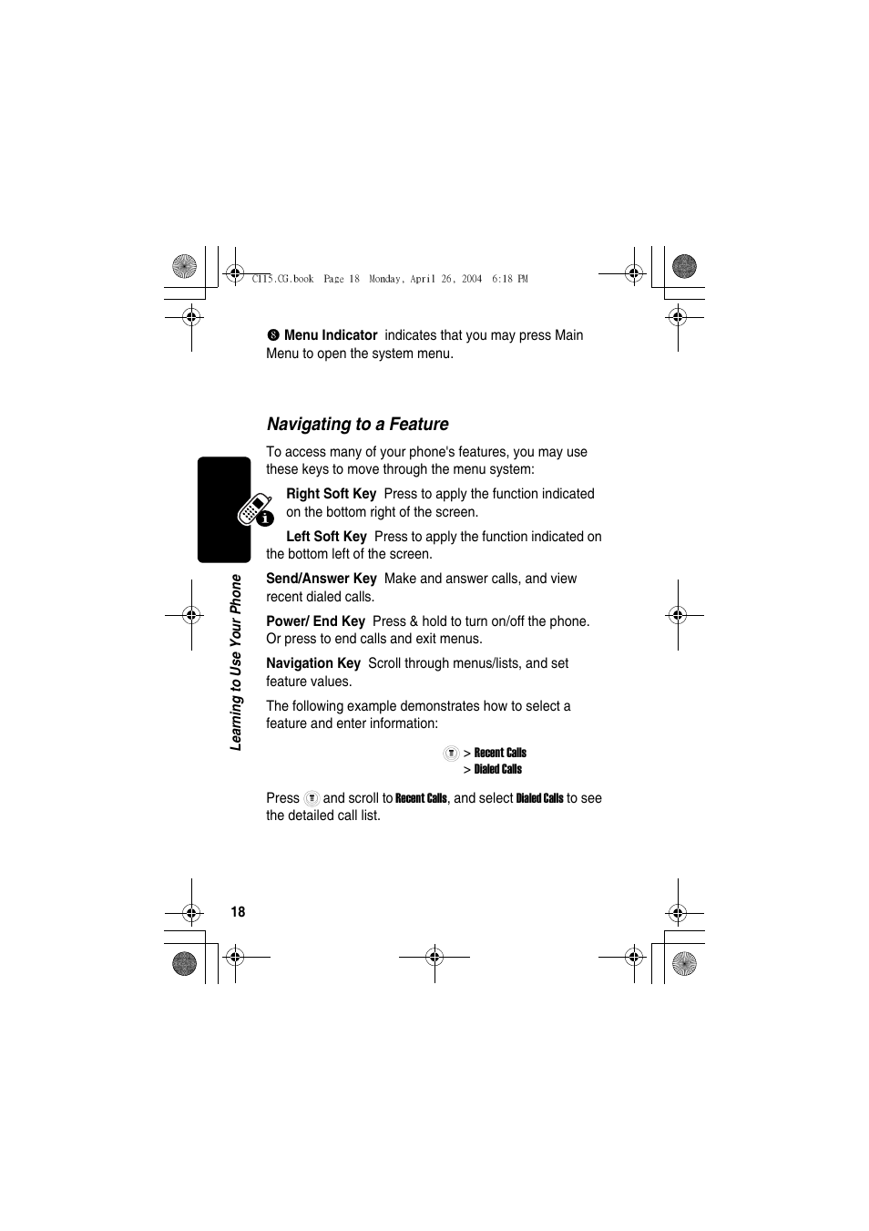 Using the menu, Navigating to a feature | Motorola C115 User Manual | Page 19 / 82