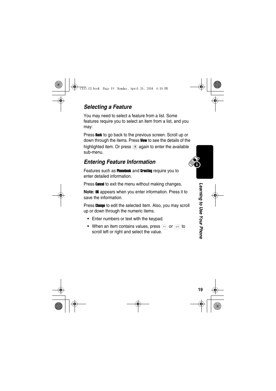 Selecting a feature, Entering feature information | Motorola C115 User Manual | Page 20 / 82