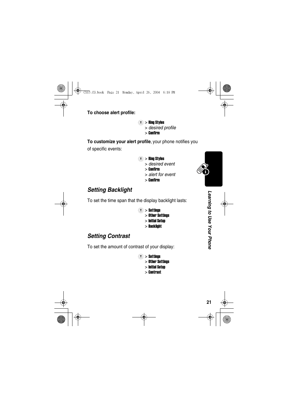 Setting backlight, Setting contrast | Motorola C115 User Manual | Page 22 / 82