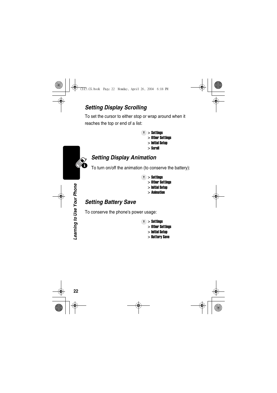 Setting display scrolling, Setting display animation, Setting battery save | Motorola C115 User Manual | Page 23 / 82