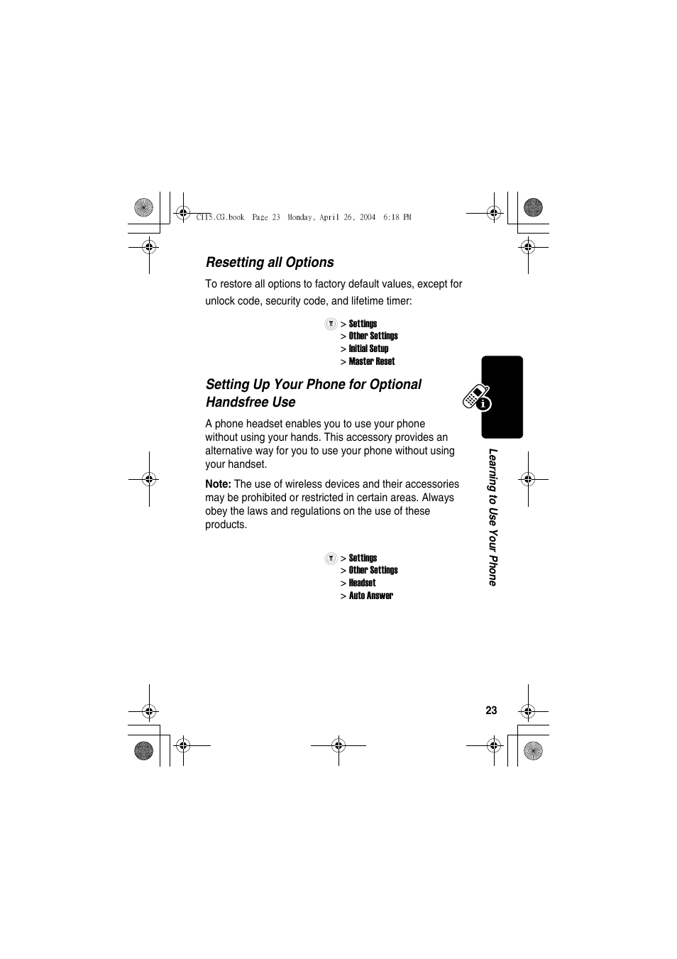 Resetting all options, Setting up your phone for optional handsfree use | Motorola C115 User Manual | Page 24 / 82