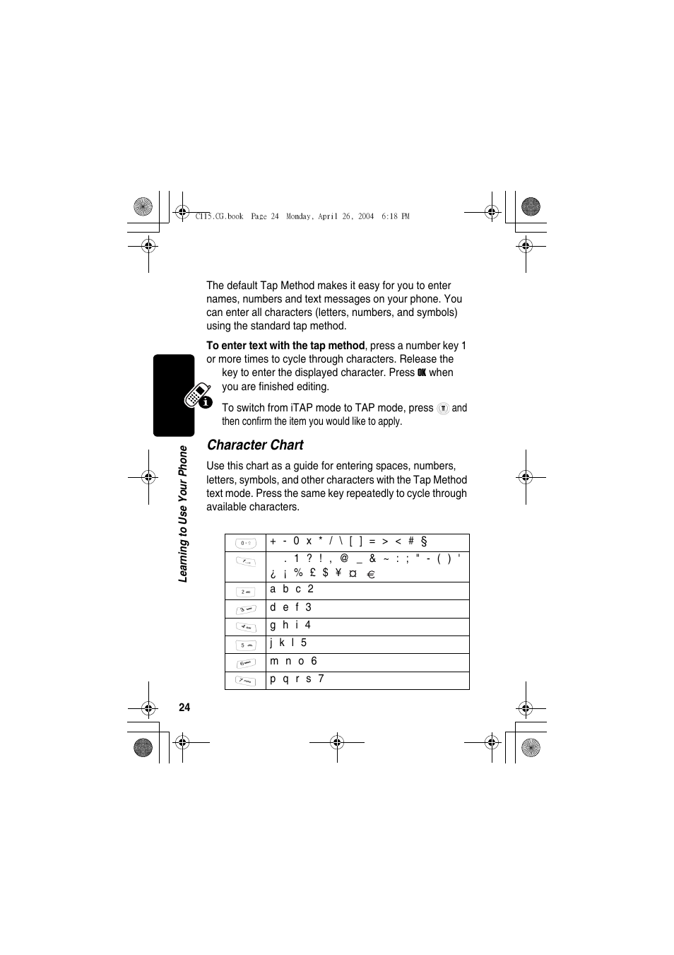 Entering text, Character chart | Motorola C115 User Manual | Page 25 / 82