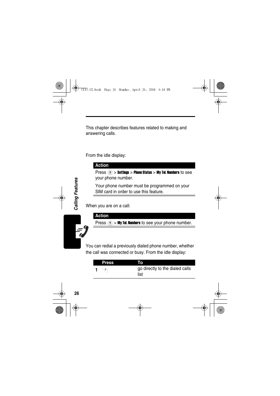Calling features, Displaying your phone number, Redialing a number | Motorola C115 User Manual | Page 27 / 82