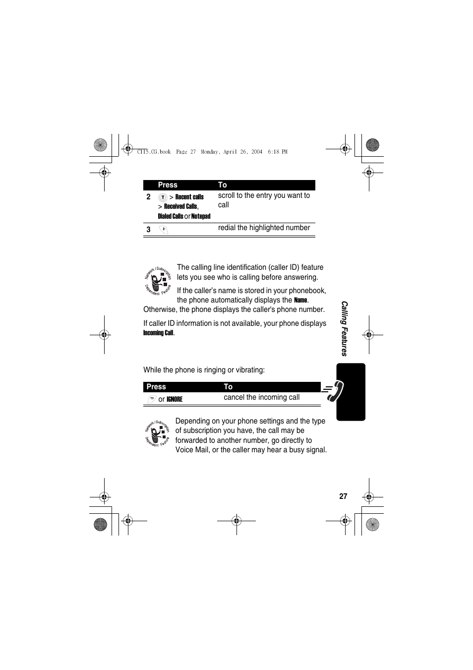 Using my caller id, Terminating an incoming call | Motorola C115 User Manual | Page 28 / 82