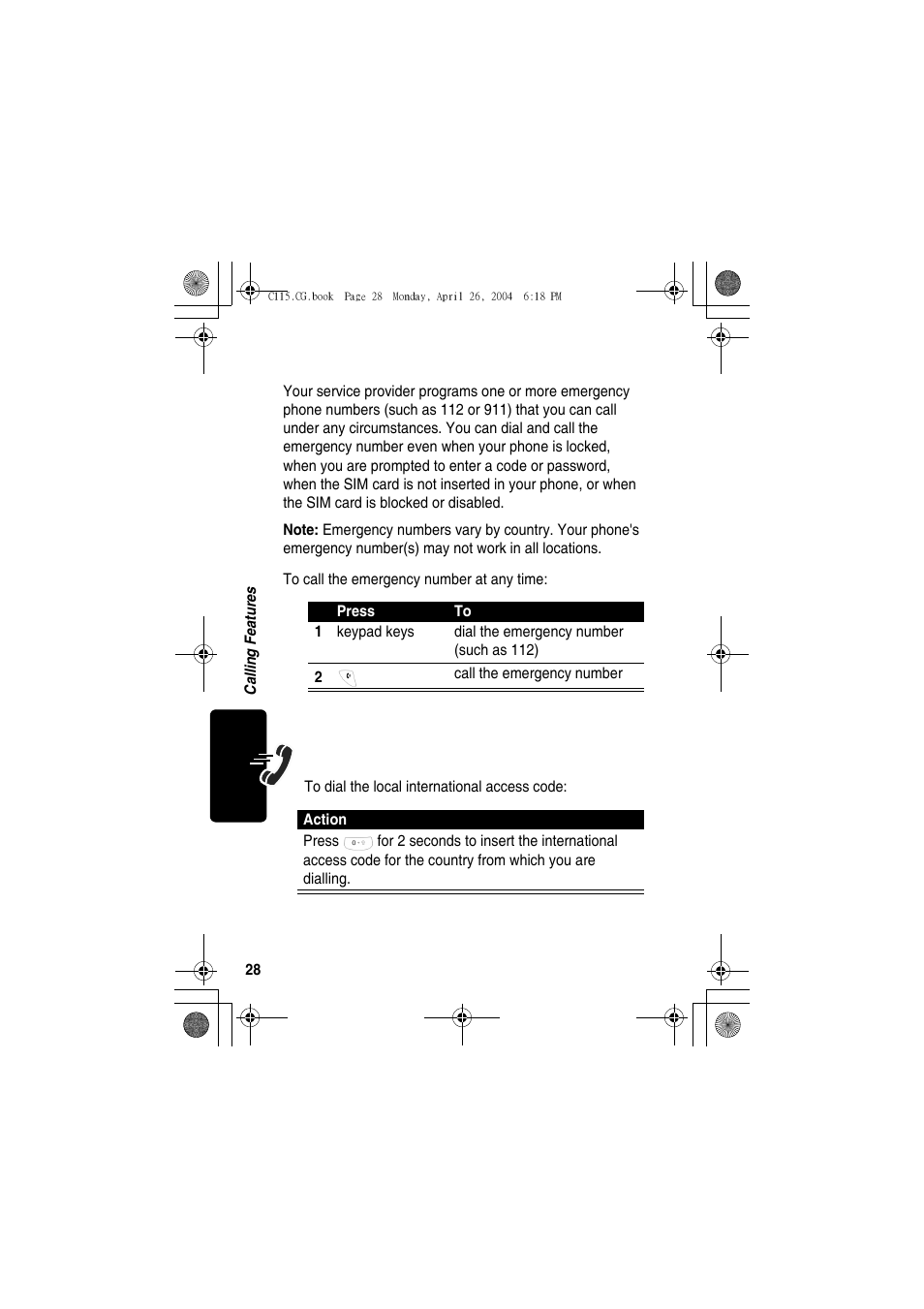 Dialing an emergency number, Dialing international numbers | Motorola C115 User Manual | Page 29 / 82