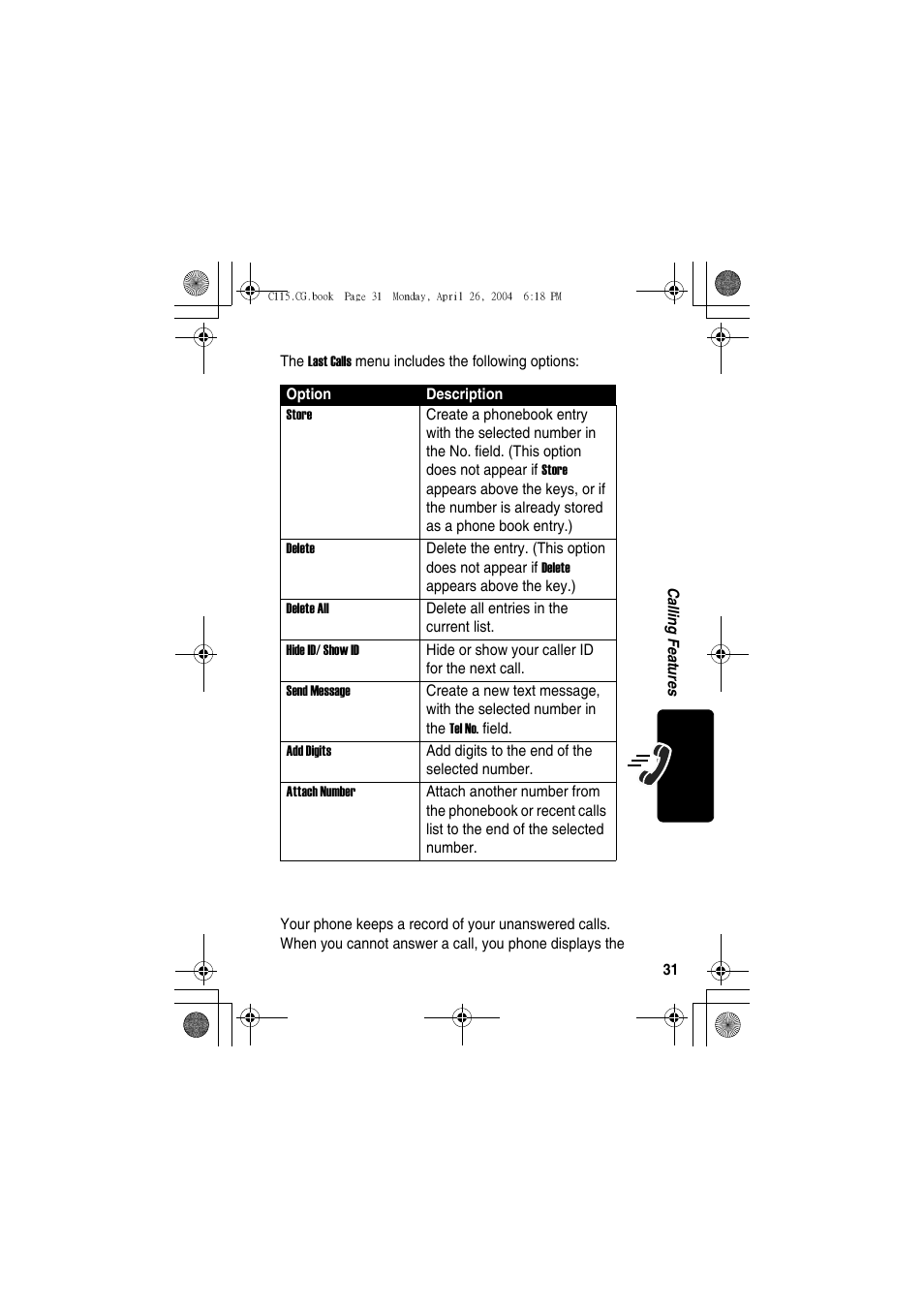 Returning an unanswered call | Motorola C115 User Manual | Page 32 / 82