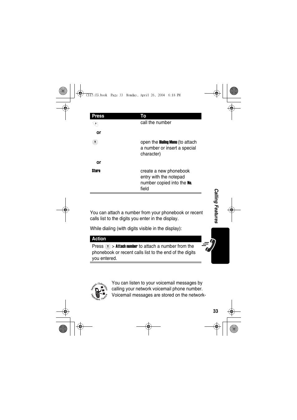 Attaching a number, Using voicemail | Motorola C115 User Manual | Page 34 / 82