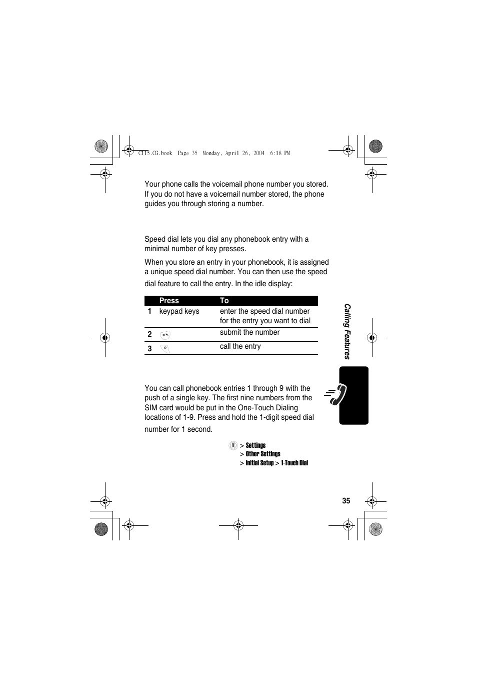 Speed dialing, One-touch dialing | Motorola C115 User Manual | Page 36 / 82