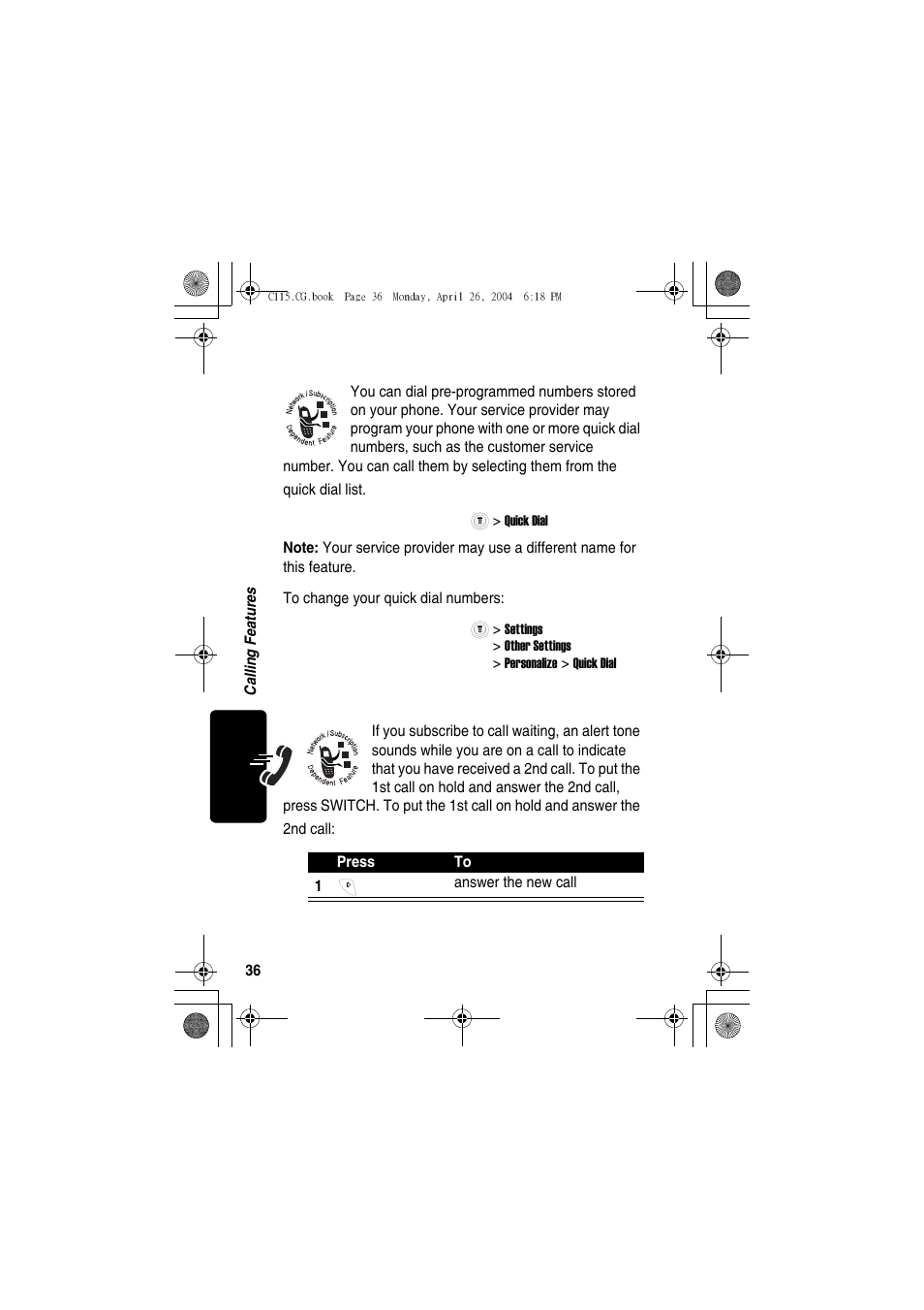 Quick dialing, Using call waiting | Motorola C115 User Manual | Page 37 / 82