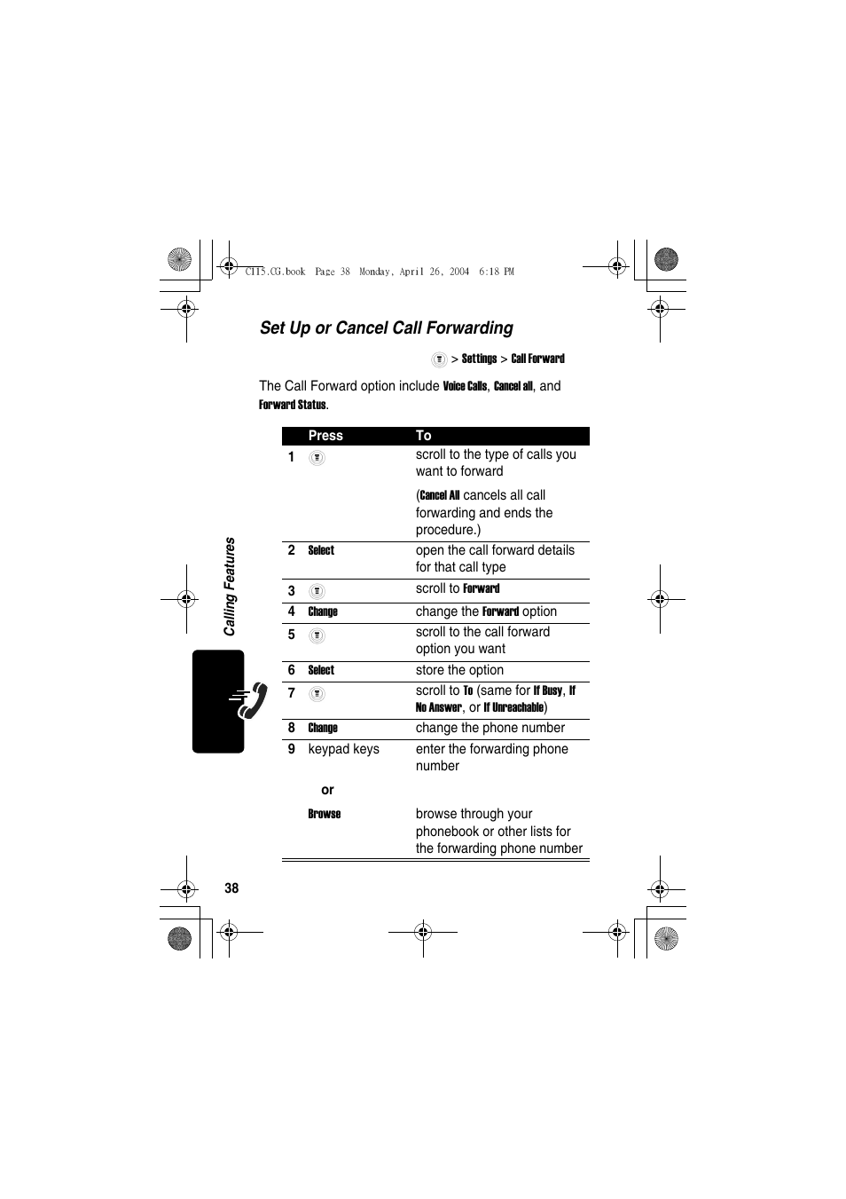 Set up or cancel call forwarding | Motorola C115 User Manual | Page 39 / 82