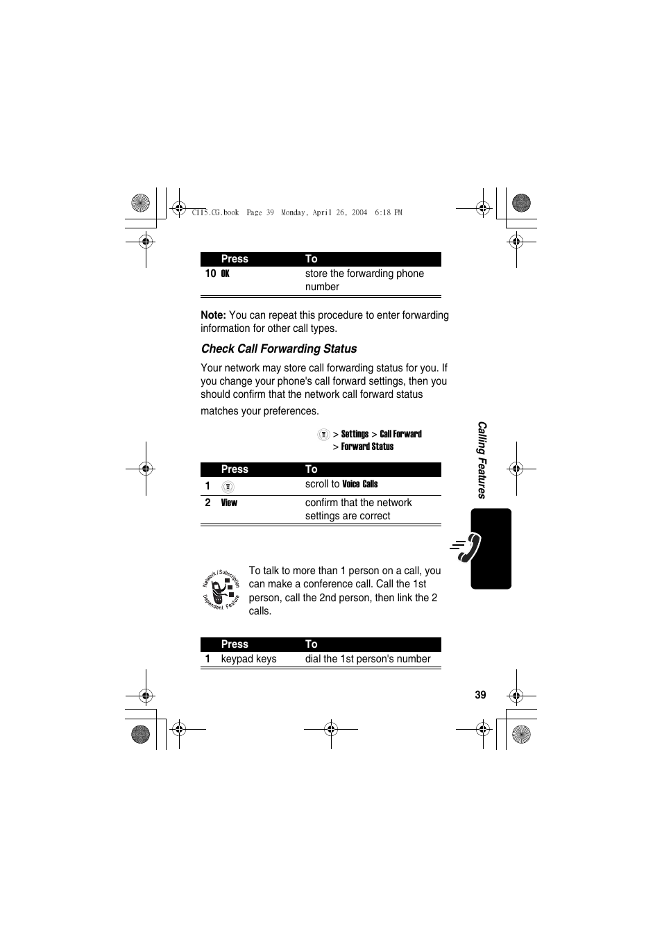 Conference calls | Motorola C115 User Manual | Page 40 / 82