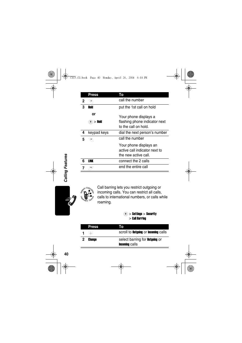 Barring a call | Motorola C115 User Manual | Page 41 / 82