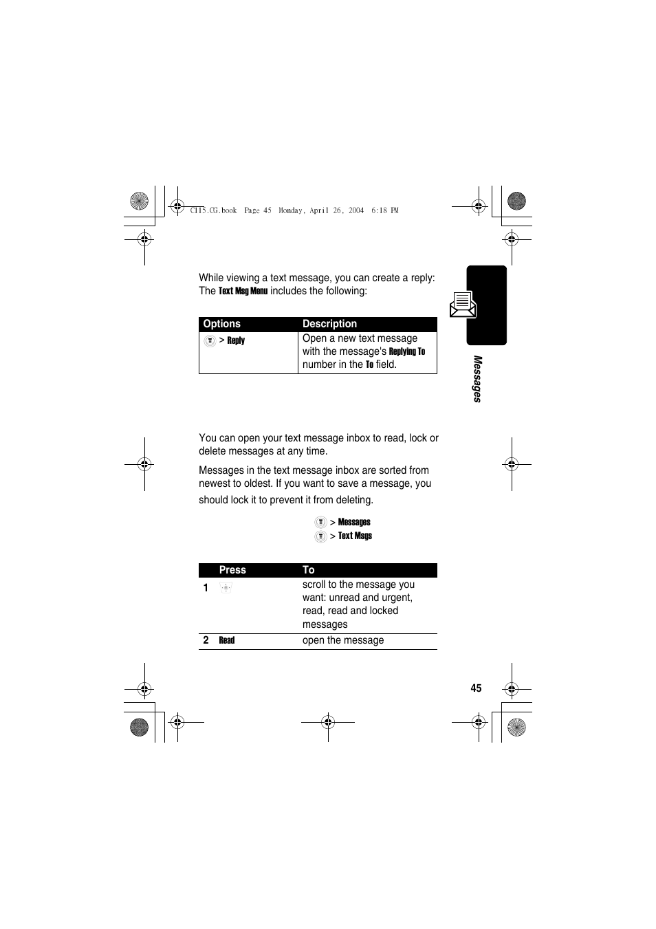 Replying to messages, Locking or deleting a text message | Motorola C115 User Manual | Page 46 / 82