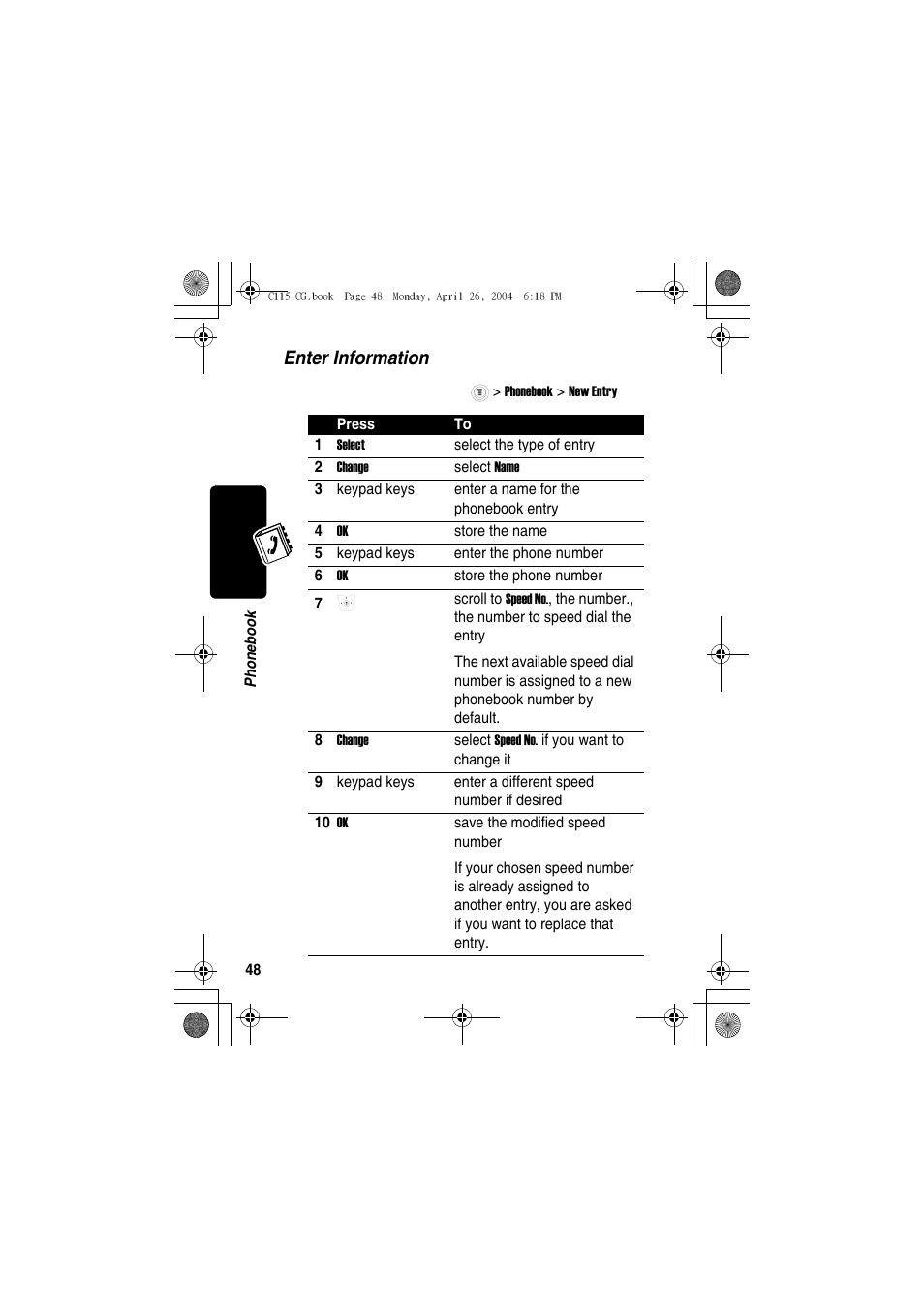 Enter information | Motorola C115 User Manual | Page 49 / 82