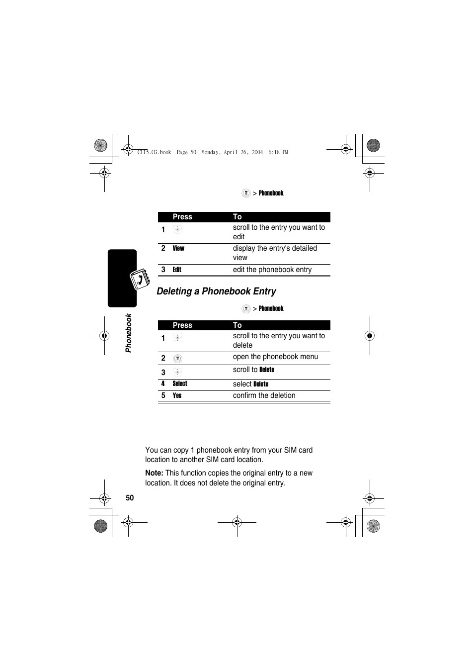 Sorting and copying phonebook entries, Deleting a phonebook entry | Motorola C115 User Manual | Page 51 / 82