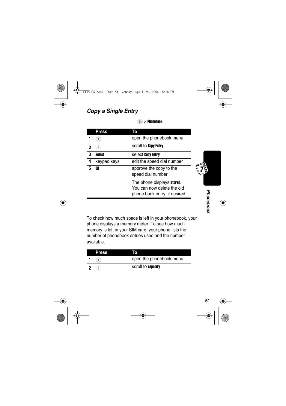 Checking capacity, Copy a single entry | Motorola C115 User Manual | Page 52 / 82