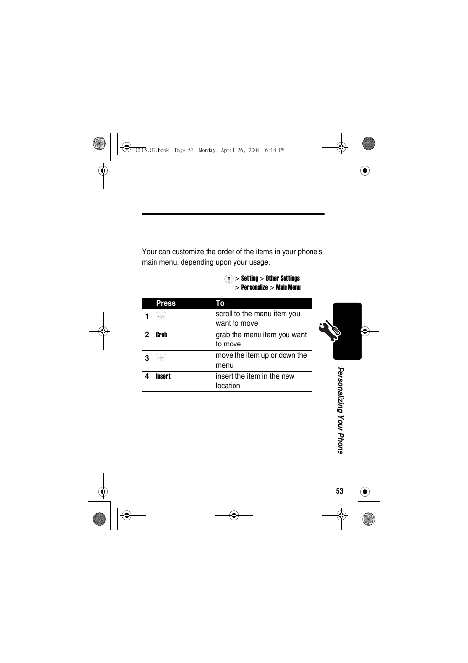 Personalizing your phone, Customizing menus | Motorola C115 User Manual | Page 54 / 82