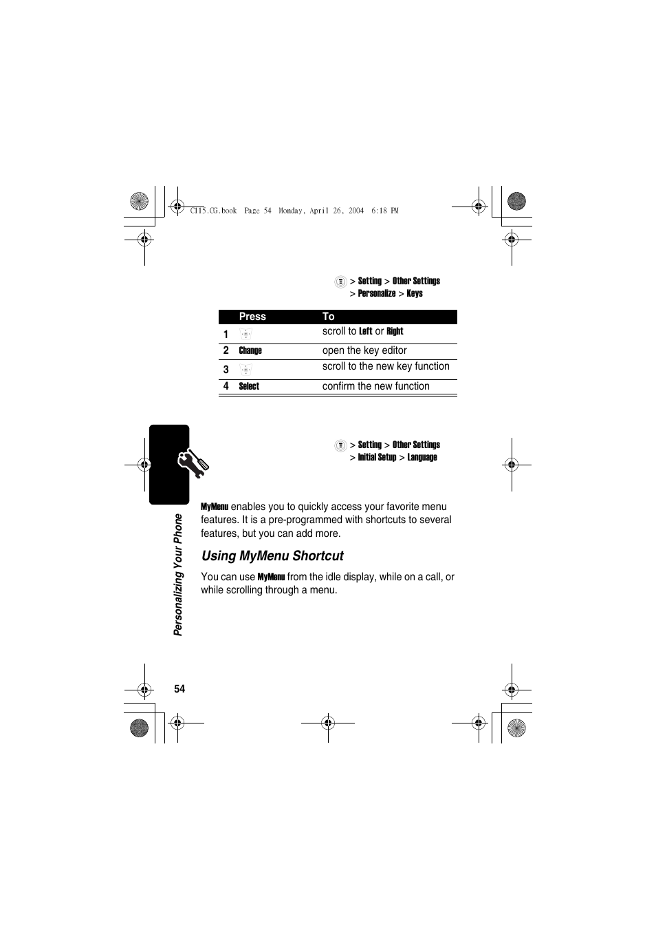 Using mymenu shortcut | Motorola C115 User Manual | Page 55 / 82