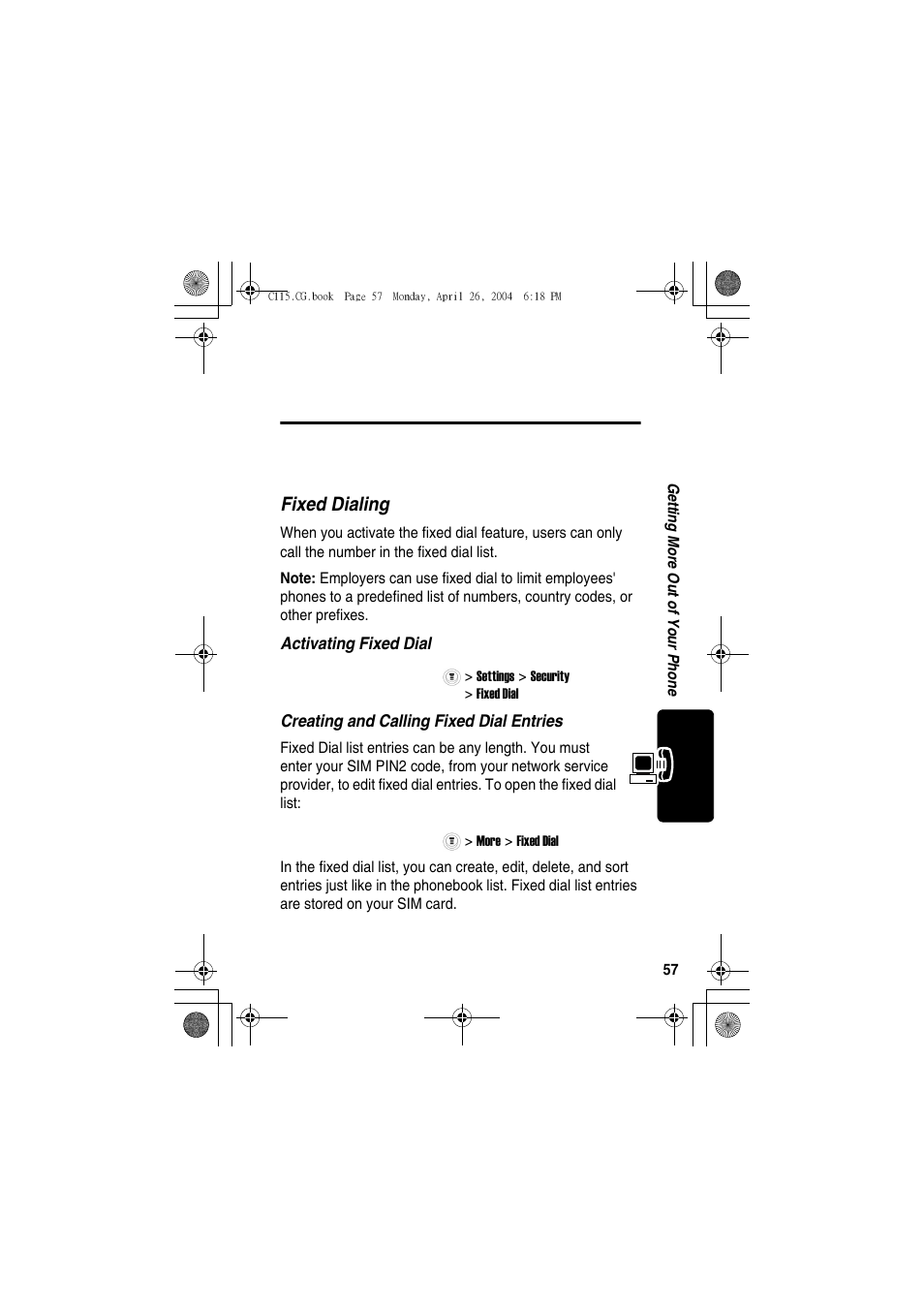 Getting more out of your phone, Dialing options, Fixed dialing | Motorola C115 User Manual | Page 58 / 82