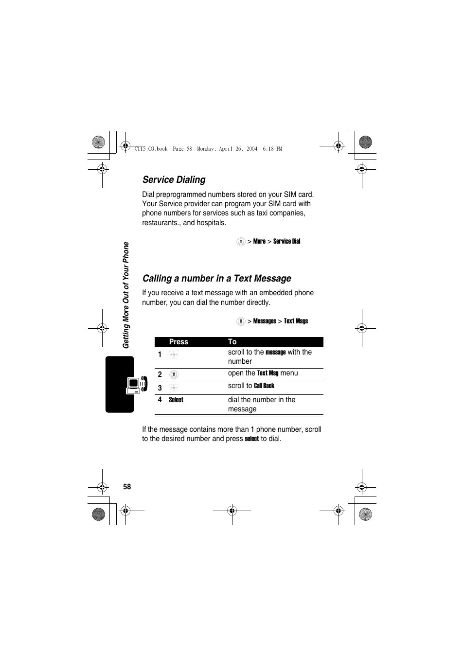 Managing your calls, Service dialing, Calling a number in a text message | Motorola C115 User Manual | Page 59 / 82