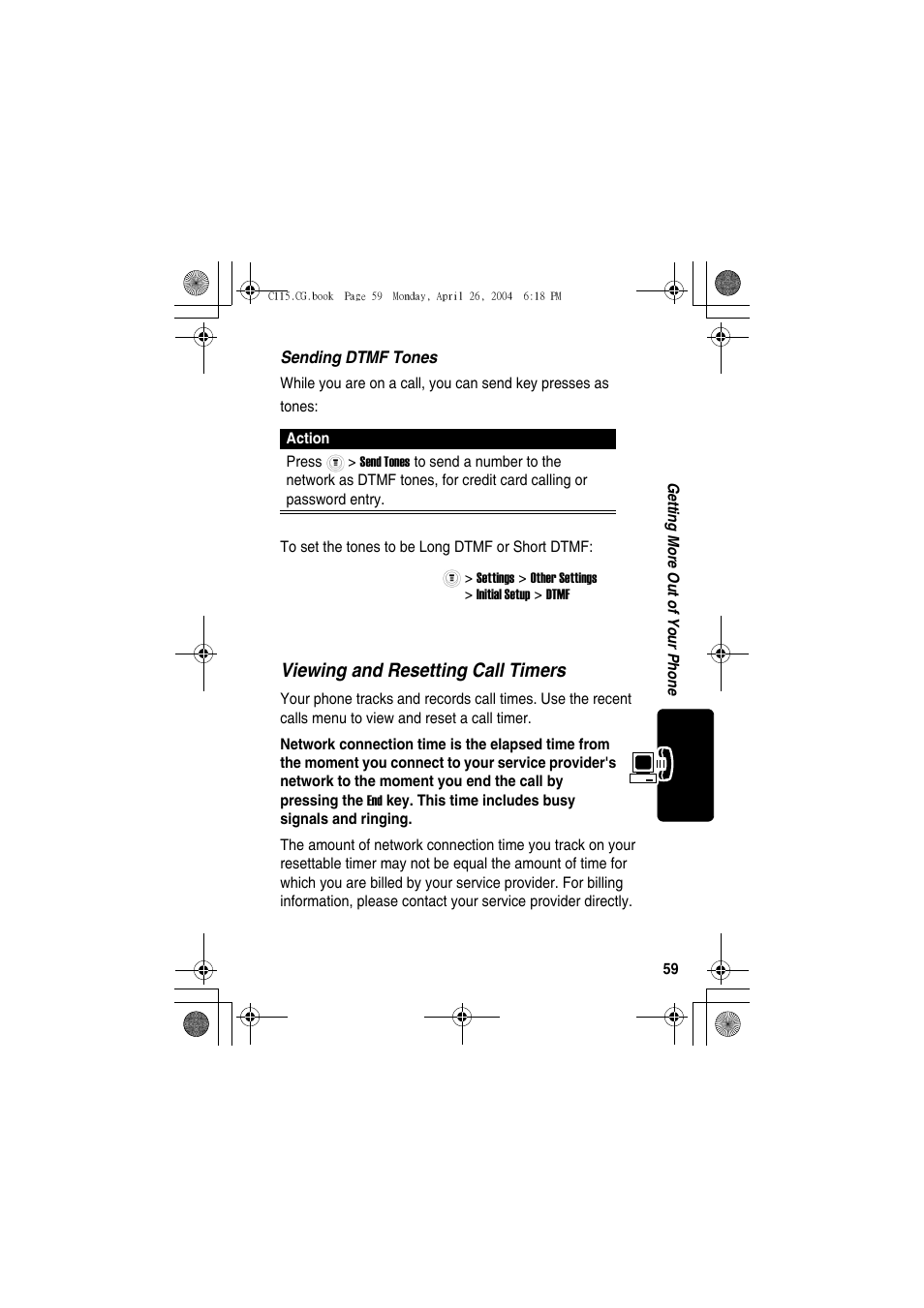 Monitoring phone use, Viewing and resetting call timers | Motorola C115 User Manual | Page 60 / 82