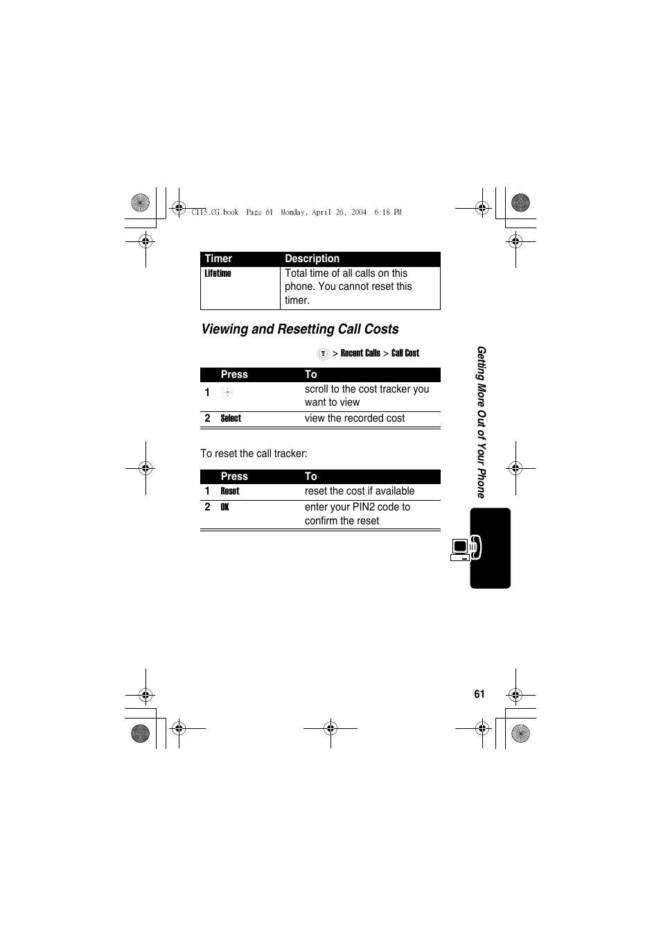 Viewing and resetting call costs | Motorola C115 User Manual | Page 62 / 82