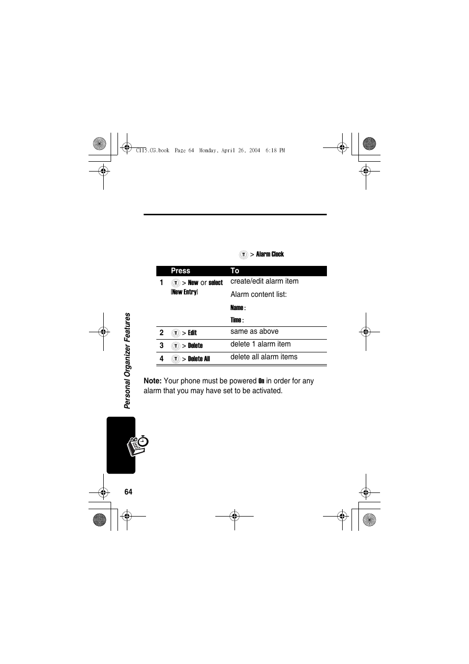 Personal organizer features, Alarm clock | Motorola C115 User Manual | Page 65 / 82