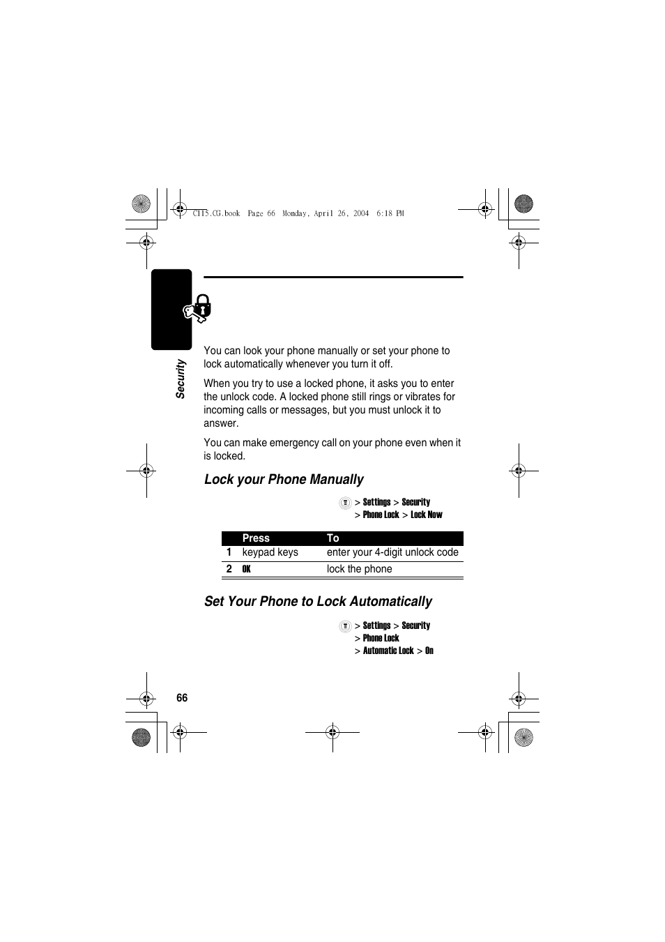 Security, Locking and unlocking your phone | Motorola C115 User Manual | Page 67 / 82