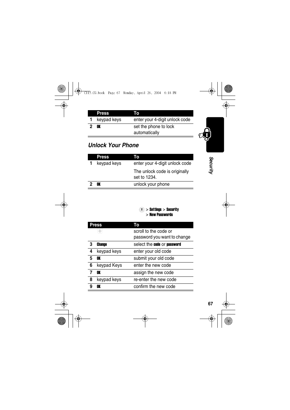 Changing your unlock code, Unlock your phone | Motorola C115 User Manual | Page 68 / 82