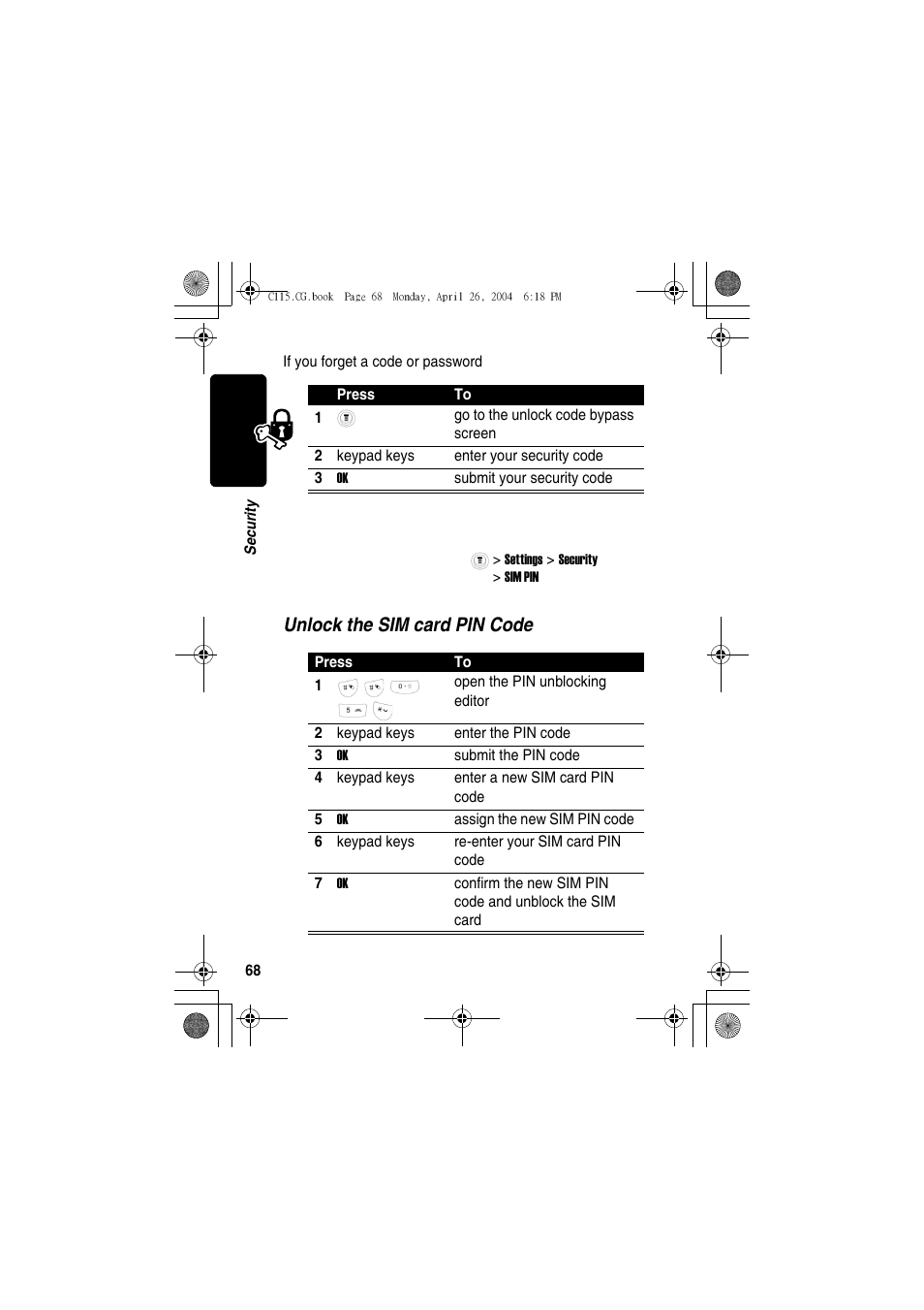 Protecting the sim card, Unlock the sim card pin code | Motorola C115 User Manual | Page 69 / 82