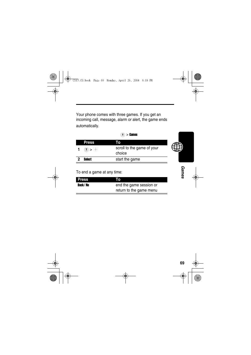 Games | Motorola C115 User Manual | Page 70 / 82