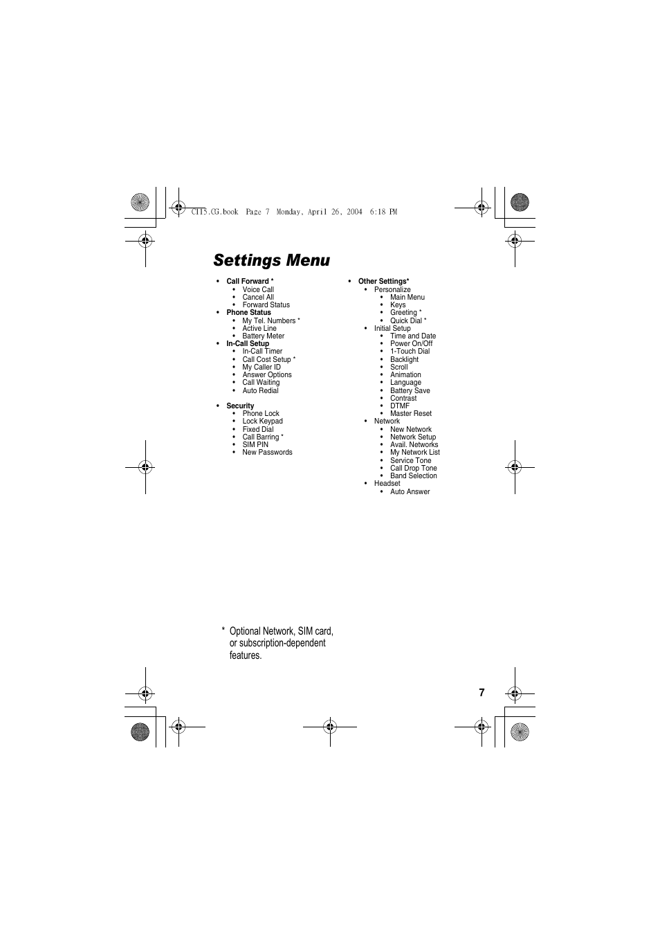 Settings menu | Motorola C115 User Manual | Page 8 / 82