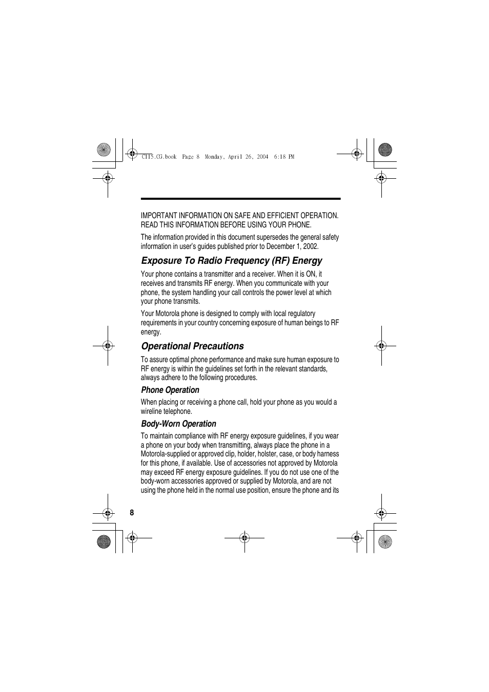 Safety and general information, Exposure to radio frequency (rf) energy, Operational precautions | Motorola C115 User Manual | Page 9 / 82