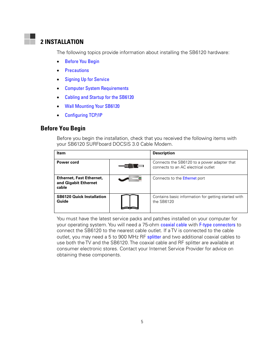 2 installation, Before you begin, Sb6120 cable modem, lists the item | Motorola SURFboard SB6121 User Manual | Page 12 / 40