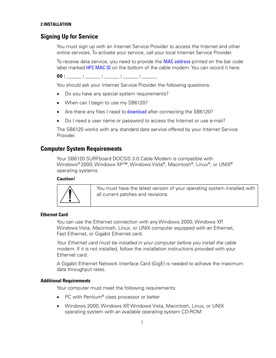 Signing up for service, Computer system requirements, Ethernet card | Additional requirements | Motorola SURFboard SB6121 User Manual | Page 14 / 40