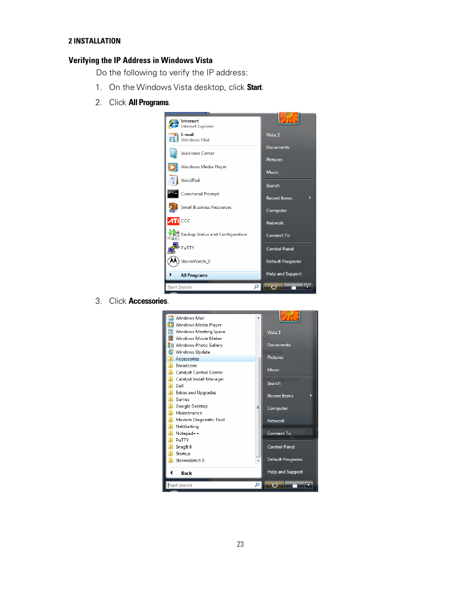 Verifying the ip address in windows vista, Verifying the ip address in windows, Vista | Motorola SURFboard SB6121 User Manual | Page 30 / 40