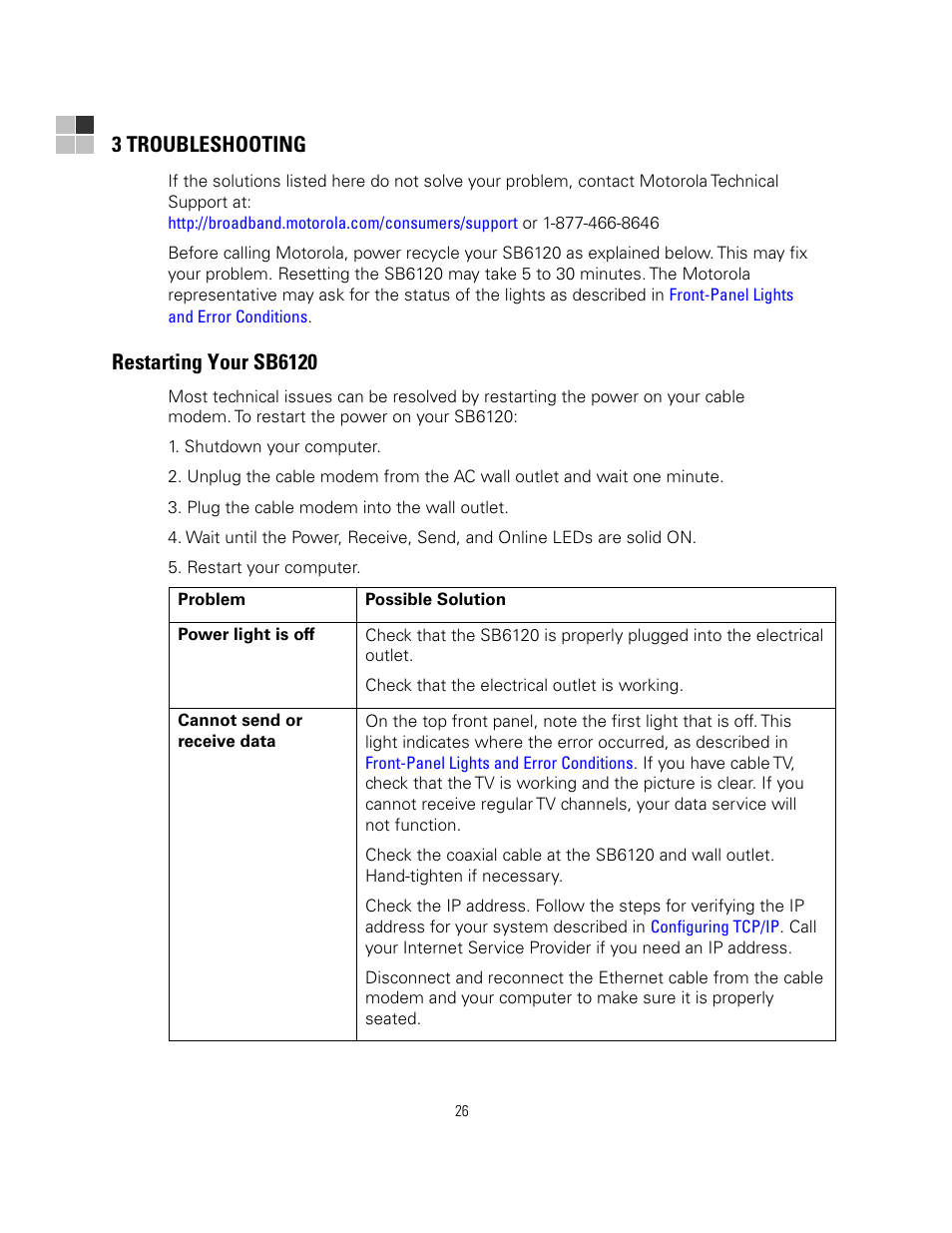 3 troubleshooting, Restarting your sb6120, Power recycle your sb6120 | Motorola SURFboard SB6121 User Manual | Page 33 / 40